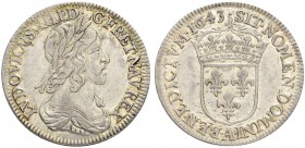 FRANKREICH
Königreich und Republik. Louis XIII. 1610-1643. 1/4 Ecu 1643 A, Paris. Deuxième poinçon de Warin. Punkt über der Krone. 6.86 g. Gadoury 48...