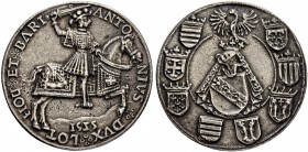 FRANKREICH
Lothringen, Herzogtum. Antoine, 1508-1544. Silbergussmedaille 1525, Nancy. Sog. "Grand écu au cavalier". Der junge Herzog reitet nach rech...