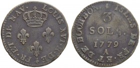 FRANKREICH
Französische Kolonien. Réunion et Maurice. Louis XVI, 1774-1793. 3 Sols 1779 A, Paris. 2.05 g. Lecompte 6. Sehr schön / Very fine. (~€ 50/...