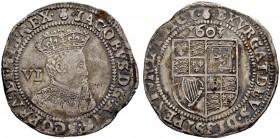 GROSSBRITANNIEN
Königreich. James I. 1603-1625. 6 Pence o. J. (1603-1604), London. Münzzeichen Distel (thistle). 2.93 g. Seaby 2648. Sehr schön / Ver...