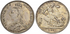 GROSSBRITANNIEN
Königreich. Victoria, 1837-1901. Crown 1887, London. Jubilee bust. 28.32 g. Seaby 3921. Dav. 107. Hübsche Patina / Attractive patina....