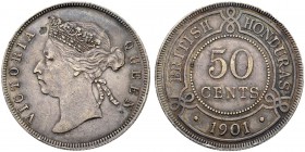 GROSSBRITANNIEN
Britisch Honduras. Victoria, 1837-1901. 50 Cents 1901. 11.64 g. Pridmore 7. Sehr schön / Very fine. (~€ 105/~US$ 125)