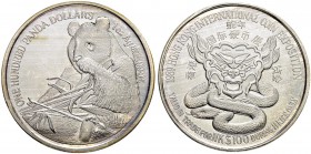 HONGKONG
Elizabeth II. 1952-2007. 100 Panda Dollars 1989. 1 ounce fine silver. Geprägt anlässlich der 8. Hong Kong Coin Expo von der China Mint Compa...