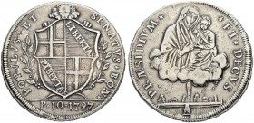ITALIEN
Bologna. Provisorische Regierung, 1796-1797. Scudo (10 Paoli) 1797. 29.04 g. MIR 58/2. Dav. 1359. Sehr schön / Very fine. (~€ 85/~US$ 105)