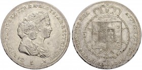 ITALIEN
Florenz. Carlo Ludovico di Borbone, König von Etruria, mit seiner Mutter Maria Luigia, 1803-1807. Mezzo scudo da 5 Lire 1804, Florenz. 19.61 ...
