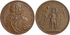 ITALIEN
Savoyen / Sardinien. Carlo Emanuele III. 1730-1773. Bronzemedaille 1739. Auf seinen militärischen Erfolg. Stempel von J. A. Dassier. Geharnis...