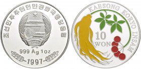 KOREA
Nordkorea. 10 Won 1997. 1 Unze Silber. Mit Zertifikat. 31.10 g. Selten / Rare. Polierte Platte. FDC / Choice Proof. (~€ 85/~US$ 105)