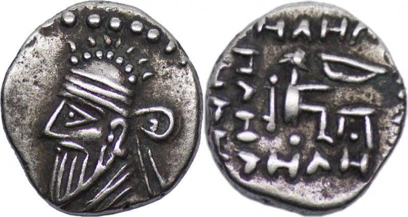 Pacorus II (AD78-120), AR Diobol, (1.36g), draped bust left wearing diademed tia...