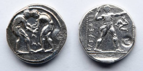 GREEK: Aspendos, Pamphylia, AR Stater (23mm, 10.8g), c. 380-325 BC. Obverse: Two nude wrestlers. Reverse: Slinger facing right, triskele before. Count...