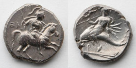 GREEK: Calabria, Tarentum, 332-302 BC, AR Nomos (20mm, 6.5g), Tarentum Mint. Obverse: Warrior, holding spear, preparing to dismount horse rearing righ...