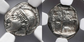 GREEK: Ionia Phocaea, c. 6th to 5th Century BC, AR Diobol or Hemidrachm, NGC XF. Obverse: Femail head to left, wearing helmet or close-fitting cap. Re...