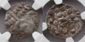 CELTIC: Durotriges, c 60-20 BC, BI Stater, NGC Ch VF. Badbury Rings type. Obverse: Devolved head of Apollo right. Reverse: Disjointed horse left with ...
