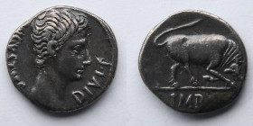 ROMAN EMPIRE: Augustus, 15-13 BC, AR Denarius (18mm, 3.8g). Obverse: AVGVSTVS DIVI•F; bare head right. Reverse: Bull butting to right, IMP•X in exergu...