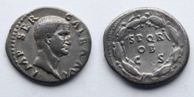 ROMAN EMPIRE: Galba, AD 68-69, AR Denarius (3.3g). Rome Mint. Obverse: Bare head facing right. Reverse: SPQR OB CS with oak wreath around. RIC I 167; ...