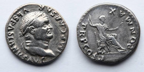 ROMAN EMPIRE: Vespasian, AD 69-79, AR Denarius (18.5MM, 2.9g). Rome Mint. Obverse: IMP CAES VESP AVG CEN; laureate head right. Reverse: PONTIF MAXIM; ...