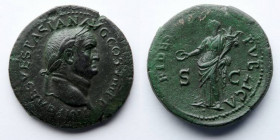 ROMAN EMPIRE: Vespasian, AD 69-79, AE Dupondius (30.5mm, 13.7g). Lugdunum (Lyon) mint. Struck AD 77-78. Obverse: IMP CAES VESPASIANVS AVG COS VIII PP;...