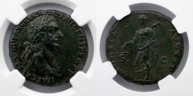 ROMAN EMPIRE: Domitian, as Augustus (AD 81-96). AE as (28mm, 11.23 gm, 5h). NGC AU 5/5 - 3/5. Comment: edge chips. Rome, AD 86. IMP CAES DOMIT AVG GER...