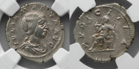 ROMAN EMPIRE: Julia Maesa, AR Denarius, NGC Choice XF, AD 218-224/5. Obverse: Julia Maesa. Reverse: Pudicitia seated left holding scepter. RIC 268. NG...