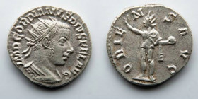 ROMAN EMPIRE: Gordian III, AR Antoninianus, AD 238-244 (21mm, 3.76g, 12h). Obverse: Gordian III. Reverse: Sol standing facing, head left, extending ar...