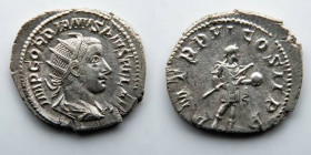 ROMAN EMPIRE: Gordian III, AR Antoninianus, AD 238-244 (23mm, 3.49g, 6h). Obverse: Gordian III. Reverse: Gordian standing right, holding globe and spe...