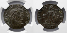 ROMAN EMPIRE: Galerius (AD 305-311). AE follis or BI nummus (24mm, 12h). NGC AU. Thessalonica, 3rd officina, December AD 308-May AD 310. GAL MAXIMIANV...