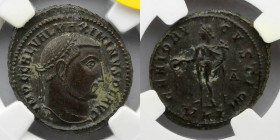 ROMAN EMPIRE: Maximinus II, AE Follis, AD 309-313 (6.52), Cyzicus Mint. NGC AU 4/4, 4/4. Comment: Some deposits. Reverse: Genius standing. NGC #: 3155...