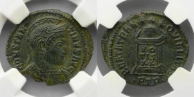 ROMAN EMPIRE: Constantine I, AD 310-337, AE 3 Follis (BI Nummus), NGC AU, Trier Mint. Reverse: Altar with Globe, and Votive. NGC #: 3155709255.