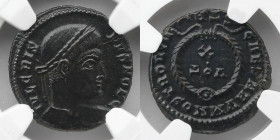 ROMAN EMPIRE: Crispus (AD 316-326). AE3 or BI nummus (18mm, 1h). NGC MS. Trier, 1st officina, AD 323-324. IVL CRIS-PVS NOB C, laureate head of Crispus...
