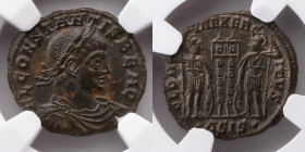 ROMAN EMPIRE: Constans, AD 337-350, AE4 or BI Nummus (18mm), NGC MS, Siscia Mint, 1st officina, ca. AD 334-335. FL CONSTANTIS BEA C, laurel and rosett...