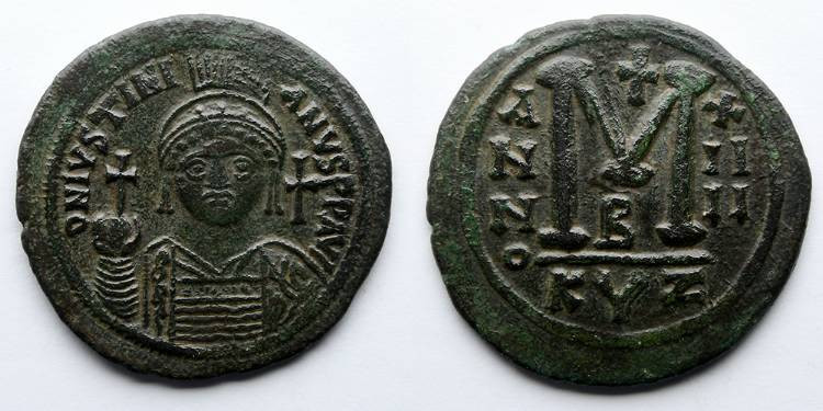 BYZANTINE EMPIRE: Justinian I, AD 527-565, AE Follis (40mm, 21.28g), Year 14, Cy...