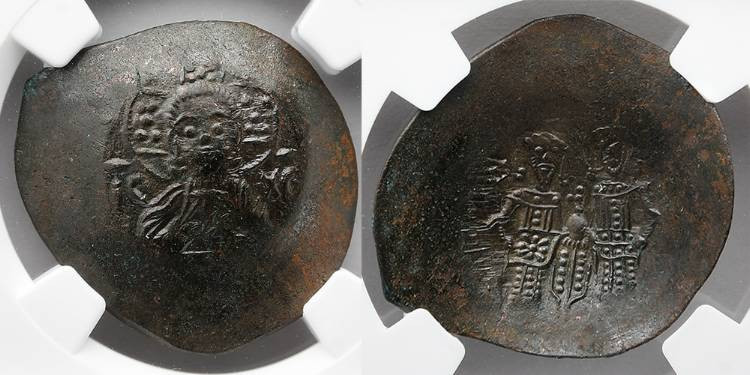 BYZANTINE EMPIRE: Alexius III, AD 1195-1203, BI Aspron Trachy, NGC AU. Exception...