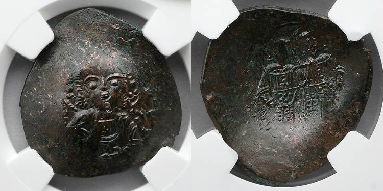 BYZANTINE EMPIRE: Alexius III, AD 1195-1203, BI Aspron Trachy, NGC AU. Obverse: ...