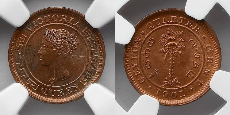 CEYLON: 1901 1/4 Cent, NGC MS 65 RB, TOP POP! Copper, 1.18g. Obverse: Head left ...