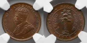 CEYLON: 1901 1/2 Cent, NGC MS 65 BN, TOP POP! Copper, 2.35g, 18.2mm. Obverse: George V crowned bust. Reverse: Tree within circle, date below, denomina...