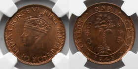 CEYLON: 1943 Cent, NGC MS 66 RB, TOP POP! Bronze, 22.35mm, 2.35g. Obverse: Crowned head of George VI, left. Reverse: Tree within circle, date below, d...