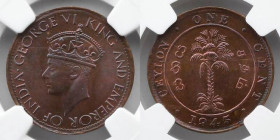 CEYLON: 1945 Cent, NGC MS 65 RB, NGC lists only one finer. ! NGC # 3915353-044.