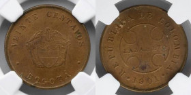 COLUMBIA: 20 Centavos, Leprosarium (Leper) Coinage, TOP POP!. Obverse: Coat of arms in the center. Denomination above and mintmark below. Lettering: V...