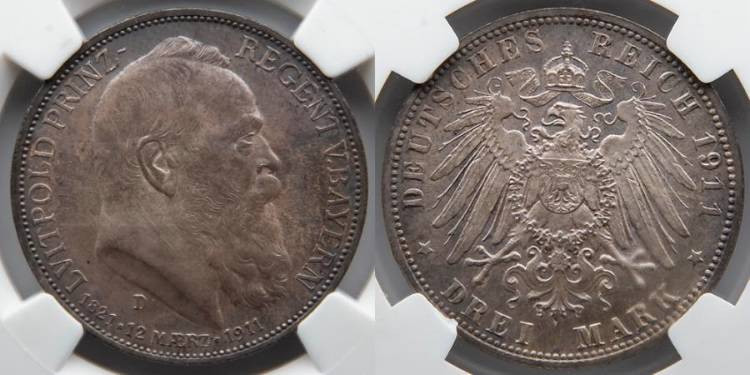 GERMANY: 1911 Barvaria- 90th Birthday, Drei 3 Mark, NGC MS64, Dr. Ruby Collectio...