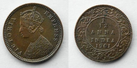 INDIA: 1901 1/12 Anna, Great Detail. XF.