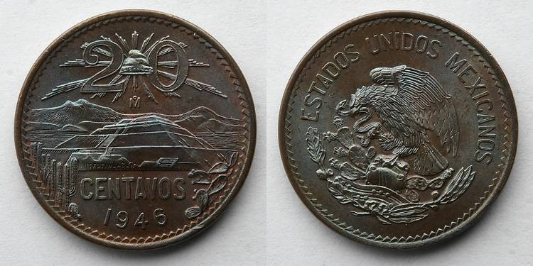 MEXICO: 1946 MO 20 Centavos. Would grade well and with beautiful toning. UC.