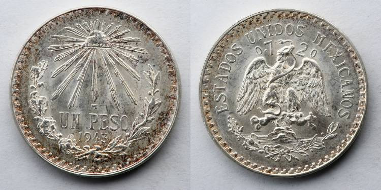 MEXICO: 1943 Silver Peso. .720 Silver Content. Lightly circulated.