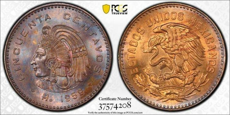 MEXICO: 1959 Mo 50 Centavos, PCGS MS 65 RB, Only 1 Finer, Purple, Pink, Orange T...