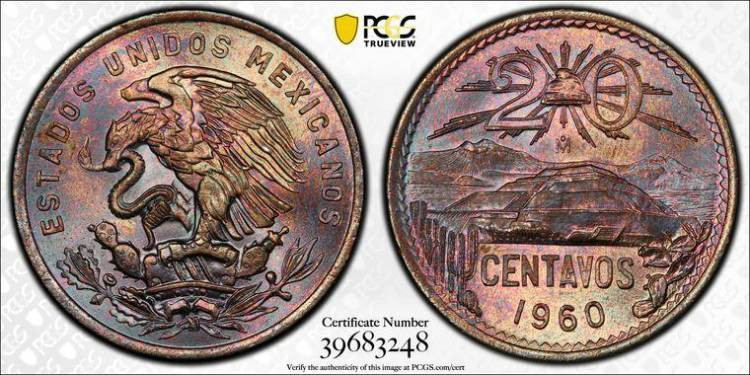 MEXICO: 1959 Mo 50 Centavos, PCGS MS 65 RB, Tied for TOP POP! Purple-Pink Toning...