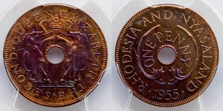 RHODESIA & NYASALAND: 1955, Elizabeth II (1952 - 1964), 1 Penny, PCGS 65 RB, Gor...