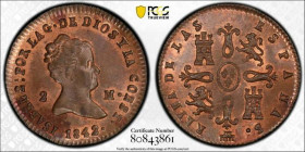 SPAIN: 1842 Isabel II, 1833-1868, 2 Maravedis, (20mm, 12h), Real coinage, dated 1842. KM 532.4. Only graded example at PCGS. PCGS# 80843861.