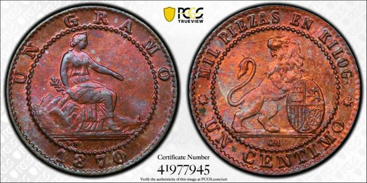 SPAIN: 1870 OM, 1C, KM 660, PCGS MS 65BN, Top Pop. PCGS # 41977945.