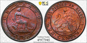 SPAIN: 1870 OM, 1C, KM 660, PCGS MS 65BN, Top Pop. PCGS # 41977945.