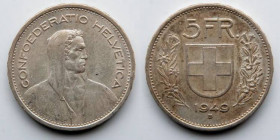 SWITZERLAND: 1949 Bern, Silver, 5 Five Francs, KM 40. William Tell obverse. Lightly Circulated. Catalog: KM# 40; Schön 36. Material: Silver. Weight: 1...