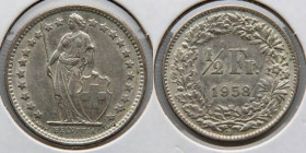 SWITZERLAND: 1958B 1/2 Franc, Almost US. KM23.