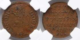 ITALY: 1796 Papal States, Bologna, NGC AU 55 BN, TOP POP at NGC! Quattrino, Pius VI. Without line separating lion and date. Lion's foot resting on "9"...